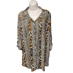 Womens Animal Print Button Down Blouse Fred David Pluse Size 2X Shirt u